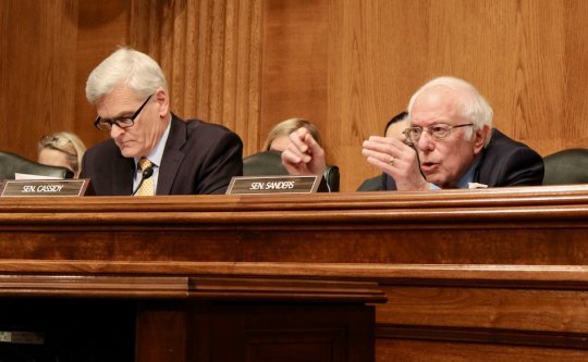 Sen. Bernie Sanders, I-Vermont, gestures during a Thursday hearing on the 32-hour workweek by the Senate Health, Education, Labor and Pensions Committee. Sanders chairs the panel and Sen. Bill Cassidy of Louisiana (left) is the ranking Republican. (Photo: Torrence Banks)