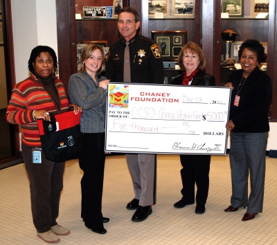 The Charles County Sheriff’s Office received a $5,000 grant from the Chaney Foundation to assist with two victim assistance programs. Pictured from left to right are Ruth Anderson-Cole, Jessica Pinkey, Sheriff Rex Coffey, Carol Jackson, and Fern Brown. (Photo courtesy CCSO)