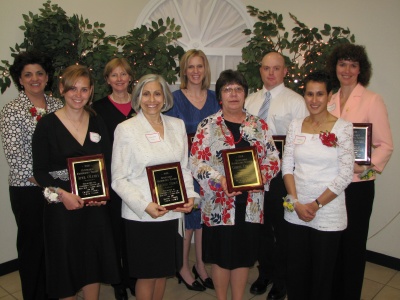 The Outstanding Southern Maryland Mathematics Teachers of the Year. Front row, from left: April O'Leary, Thomas Stone High School; LuAnn Stout, General Smallwood Middle School; Cheryl Corwin, Leonardtown Middle School; and Lynn Killius, Patuxent Elementary School. Back row: Dawne Caine, Windy Hill Middle School; Patricia Casto, Huntingtown High School; Anne Wincelowicz, Leonardtown High School; John Ballard, Lexington Park Elementary School; and Christine Kernozek, T.C. Martin Elementary School.