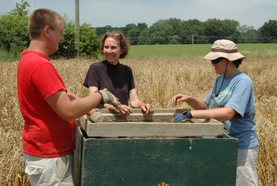 Dr. Julia King, anthropology professor (center) with team members Scott Strickland and Genevieve Goerling at the Charles County courthouse site. (Photo: Marc Apter/SMCM)