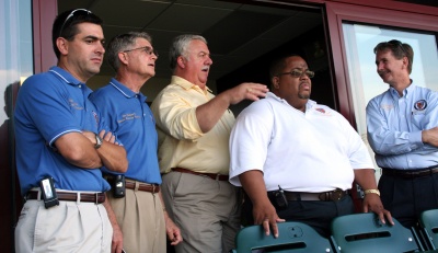 Commissioner Samuel N. Graves, Jr. demonstrates for the Board of Supervisors of King George County (VA) how to throw a fast pitch strike. (Photo: George Clarkson)