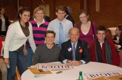 St. Mary's College students Jacqueline Caminiti ('09) of Ijamsville, Md., graduate Elizabeth LeBlanc ('08) of Lynnfield, Md., Austin Lyman ('10) of Birmingham, Ala., Molly McKee ('10) of Hyattsville, Md. (standing left to right), and Samuel Birnbaum ('09) of Sharpsburg, Md. (seated right), along with assistant professor Todd Eberly (seated left), met with Delaware Sen. Joe Biden (seated center) during his quest for the White House at the College Convention 2008 in Manchester, New Hampshire, in November 2007. Biden was recently selected as the Democratic vice presidential nominee. (Submitted photo)