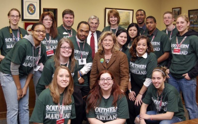 Delegates Murray D. Levy (D-Charles) and Sue Kullen (D-Calvert) met with College of Southern Maryland students attending Student Advocacy Day Feb. 11 in Annapolis. Both consider education and community college funding a priority and both encouraged students to apply for delegate scholarships. “When I talk to our community college students, I feel better about the future of our country,” said Levy. From left, front row, Lauren DeHanus, Jacqui Houchins, Brooke Martin; second row, Kristi Tewell, Kullen, Camila Figuerao; third row, Chay Hebron, Cliffton Thomas, Megan Perillo, Maritza Casarrubias, Jamie Adams, Chelsey Dusang; back row, Diane Payne, Jennifer Haines, CSM Athletics Coordinator Tim Murphy, Levy, CSM Director of Student Life and Athletics Michelle Ruble, Richy Washington and Shane Douglas. (Submitted photo)