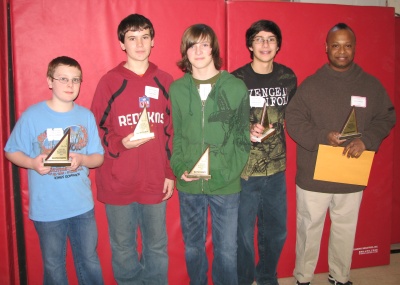 Third-place team, Margaret Brent Middle School. Left to right: Benjamin Dodson, Samuel Askey, Charles Gilbert, Adam Munshaw, and Coach Kevin MacKall. (Submitted photo)