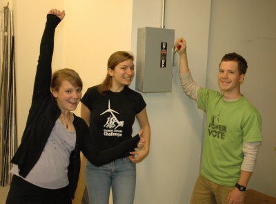 SMCM graduate Meredith Epstein '08, along with Student Environmental Action Coalition and Sustainability Committee members Anna Vaudin '09 and Guy Kilpatric '09, practice for the power shut-down at the college during this year's Earth Hour, a worldwide initiative to fight global warming. (Submitted photo)