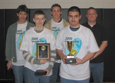Huntingtown High School took third place in this year's Southern Maryland Regional Computer Bowl. Team members from left are Dallin Hilton, Robbie Jackson, Bryant O'Brien, and David Lavezzo, and coach Tom Currier. (Submitted photo)