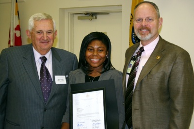 Megha Anmangandla of the White Plains Medical Center congratulates Stephanie Johnson following the Charles County Public Schools annual Cooperative Education Employer-Employee Breakfast. Johnson, a senior at Thomas Stone High School, was named as the 2009 Cooperative Education Student of the Year. (Submitted photo)