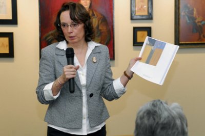 Local artist Linda Wharton describes her artistic process to CSM students and faculty gathered at the Tony Hungerford Memorial Gallery on the La Plata Campus earlier this month. She said she drew on 20th century abstract painter Richard Diebenkorn, among others, as inspiration when she painted “Mary with the water pitcher,” of her niece. “I had three ideas floating in my head and that’s how I approach what I do,” she said. (Submitted photo)