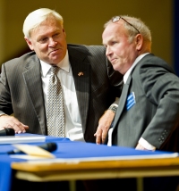 St. Mary's County Commissioner President candidates Thomas F. McKay (R), left, and Jack Russell (D) face off at a public forum in Leonardtown. (Photo: Frank Marquart)