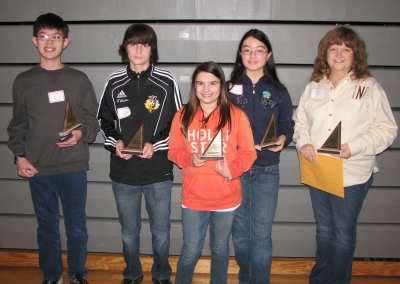 Northern Middle School from Calvert County won first place in the team competition of the MATHCOUNTS event. From left are Matt Heide, John Williams, Sydney Feldman, Amanda Spyropoulos, and coach Judy Haines. (Submitted photo)