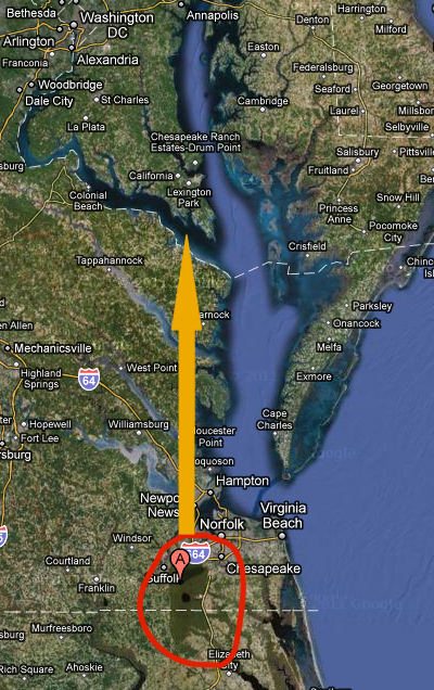 Prevailing winds from the south are blowing smoke from a 2,000+ acre fire at the Great Dismal Swamp (circled in red)near Chesapeake City, Va. into the southern Maryland tri-county area today. The fire was started by lightning and has been burning for 5 days.