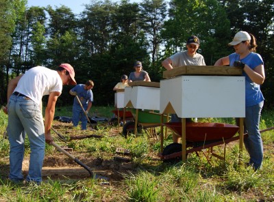 Students and alumni from St. Mary's College of Maryland excavate test units at the Zekiah Fort site: left to right: Alex Flick, Scott Strickland, Skylar Bauer, Margaret Lucio, Stephen Gladu, Patricia Byers. (Photo: SMCM)