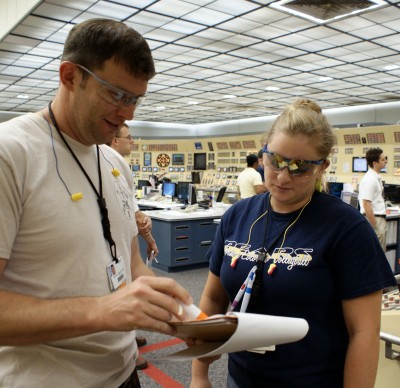 CENG Instrumentation and Control Technician Murray Fiske speaks with CSM student Tara Wille, 20, of St. Leonard, in the control room at the Calvert Cliffs Nuclear Power Plant. Wille was one of 18 CSM Nuclear Engineering Technology associate’s degree program students who participated in the cooperative education program. She accompanied a CENG mentor on job assignments for the final two weeks of the summer program. (Photo: CSM)