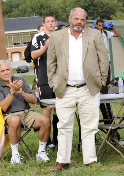 At the Soccer Field Dedication Ceremony, CSM Continuing Education Instructor and St. Mary's College of Maryland Superintendent of Grounds Kevin Mercer is applauded for his time, expertise and efforts in transforming the La Plata Campus soccer field into a professional-quality, state-of-the-art playing surface that is now considered among the top soccer fields in the conference. (Photo: CSM)