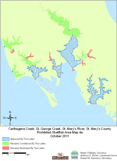 This map depicts an area of the St. Mary’s River and parts of other nearby waterways that have been reclassified by the state to allow oysters and clams to be harvested at any time. (Source: MDE)