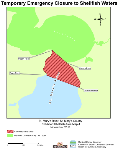 Map shows area in St. Mary's City where shellfish harvesting has been suspended. State officials fear potential water contamination may be caused by cruise ship docked to provide temporary dorm space for SMCM students. (Source: MDE)