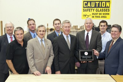 The College of Southern Maryland recognized Marrick Homes for support of the college’s trades programs by naming the CSM Center for Trades and Energy Training (CTET) carpentry lab the company’s honor. Marrick representatives and CSM administrators, from left, CSM Foundation Chair Greg Cockerham, CTET Director Frank Guertler, Vice President of Continuing Education and Workforce Development Daniel Mosser, CSM President Dr. Brad Gottfried, Eric Bailey, Marrick Homes Vice President Rick Bailey Jr., Marvin Ousler, Chris Oursler and Jay Webster toured CTET Nov. 29.