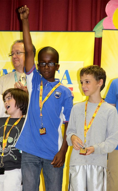 Mary H. Matula Elementary School students, from left, Drew Vliet, Jeremiah Benson and Jared Ruby celebrate the success of their school in the First in Math Online mathematics program. Matula earned the top spot in the program among more than 6,000 competing schools nationwide. (Submitted photo)