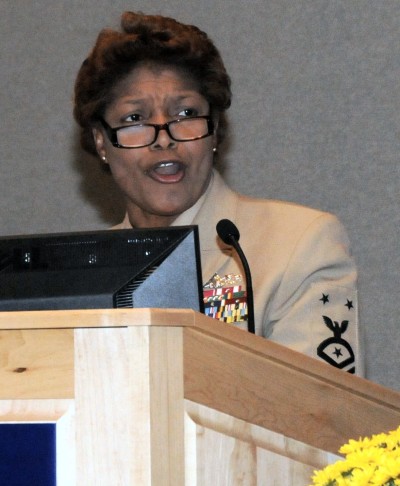 Naval Sea Systems (NAVSEA) Command Master Chief Evelyn Banks tells Naval Surface Warfare Center Dahlgren Division (NSWCDD) personnel that their "expertise and knowledge is paramount for America's freedom" at the annual Academic Recognition Ceremony held at the University of Mary Washington Dahlgren campus Sept. 24.