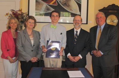 (In order from left to right): Mother of Jonathan Bland; Mary Joy Hurlburt, president, St. Mary’s Ryken High School; Jonathan Bland, Joseph and Kathleen Garner Endowed Scholarship recipient; Joseph Urgo, president, St. Mary’s College of Maryland; and Father of Jonathan Bland.