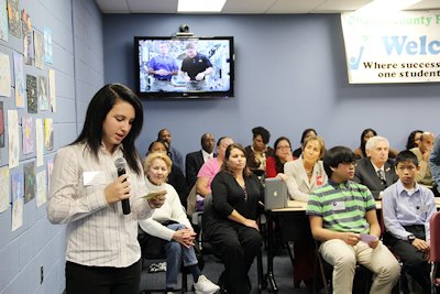 Pictured is Kaylee Wade, Henry E. Lackey High School freshman, who was selected as one of 20 students to asks astronauts Mike Hopkins and Rick Mastroacchio questions about living in outer space during the NASA downlink held Nov. 26 at La Plata High School.