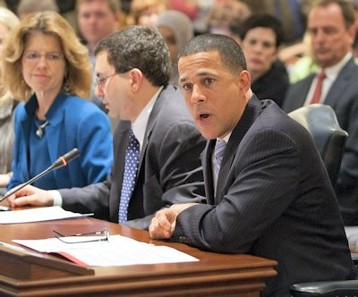 From right: Lt. Gov. Anthony Brown, Health Secretary Joshu Sharfstein and director of health care reform Carolyn Quattrocki testify on legislation in 2012 (Photo: MdGovPics)