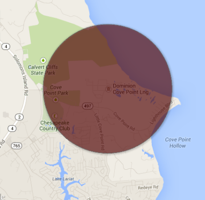 Map shows a radius of 1.25 miles from the LNG facility.