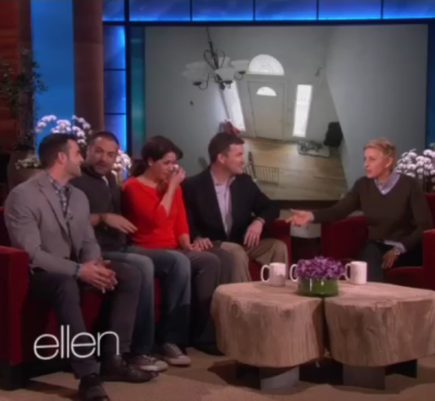 Alex and Heather Stephenson of Chesapeake Beach, center, Anthony Carrino and John Colaneri of HGTV's Cousins on Call, on left, and Ellen DeGeneres on a segment which premiered Friday afternoon.