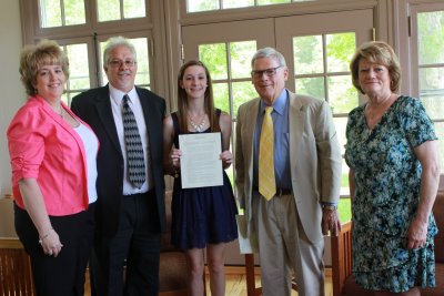 St. Mary’s Ryken senior Stephanie Schindler formally accepted the St. Mary’s College of Maryland Joseph and Kathleen Garner Endowed Scholarship on May 27. Schindler will attend St. Mary’s starting in the fall. (Pictured left to right: Kathy and Chris Schindler, parents of Stephanie Schindler; Stephanie Schindler, scholarship recipient; Don Bowman, interim vice president for development, St. Mary’s College; Mary Joy Hurlburt, president, St. Mary’s Ryken High School)