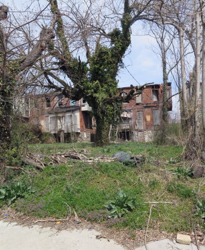 A crumbling rowhouse sits next door to the Park Heights Renaissance offices. (Photo: Sam Schmieder)