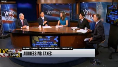 In the NewsChannel 8 studio, from left, Larry Hogan, Anthony Brown, Jenna Johnson of The Washington Post, Shawn Anderson of WTOP radio, and Bruce DePuyt of NewsChannel 8.