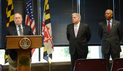 Robert Neall, left, newly appointed to head up budget and taxation for the transition team of Gov.-elect Larry J. Hogan Jr., middle, with Boyd Rutherford, the lieutenant governor-elect, right, in Annapolis on Nov. 12, 2014. (Photo: Lejla Sarcevic)