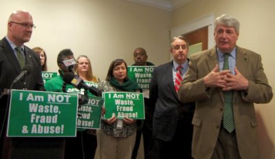 House Speaker Michael Busch speaks, far right, at news conference with state workers and AFSCME President Patrick Moran at the podium. (Photo: Rebecca Lessner for MarylandReporter.com)