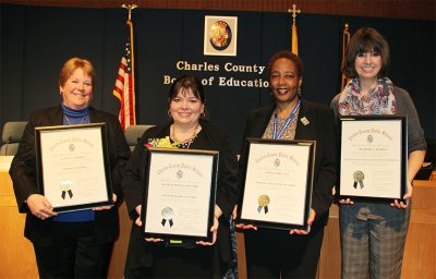 Pictured from left are Nancy Jeffrey, German teacher, Thomas Stone High School; Jacqueline Stancliff, fourth-grade teacher, William A. Diggs Elementary School; Anita Riggans, special education teacher, General Smallwood Middle School; Jennifer Jenkins, special education instructional assistant, J.P. Ryon Elementary School.