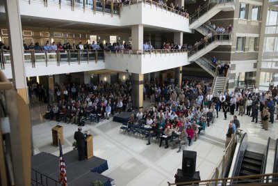 Undersecretary of Defense for Acquisition, Technology and Logistics Frank Kendall speaks to members of the U.S. Navy Naval Air Systems Command workforce at Naval Air Station Patuxent River, Md., March 31, 2015. (U.S. Navy photo by Noel Hepp)