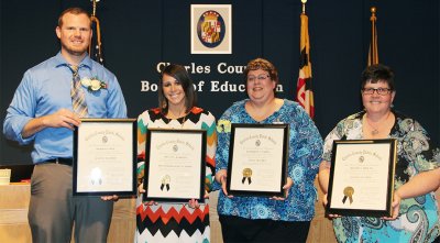 Pictured from left are Bradley Grey, science teacher at Westlake High School; Megan Barrows, prekindergarten teacher, Indian Head Elementary School; Kathleen Parry, music teacher, Mt. Hope/Nanjemoy Elementary School; Joanne Shelak, science teacher, Theodore G. Davis Middle School.