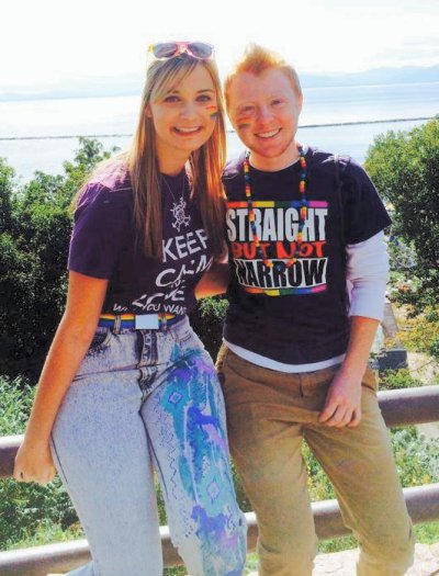 Benjamin Kennedy, 20, celebrates with his girlfriend, Angela Russo, at a Pride event in Burlington, Vermont. Kennedy is a transgender female-to-male student at the University of Vermont, and grew up in Chesapeake Beach, Maryland. Courtesy photo from Benjamin Kennedy.