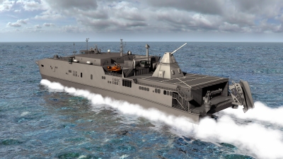 An artist rendering showing the Office of Naval Research-funded electromagnetic railgun installed aboard the joint high-speed vessel USNS Millinocket (JHSV 3). The railgun is a long-range weapon that launches projectiles using electricity instead of chemical propellants and is currently undergoing testing at Naval Surface Warfare Center Dahlgren Division.