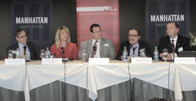 The conference panel, from left: Howard Husock of the Manhattan Institute; Labor Secretary Kelly Schulz; Chris Shank, director of the Governor's Office of Crime Control and Prevention; Peter Cove of America Works; and Public Safety Secretary Stephen Moyer.