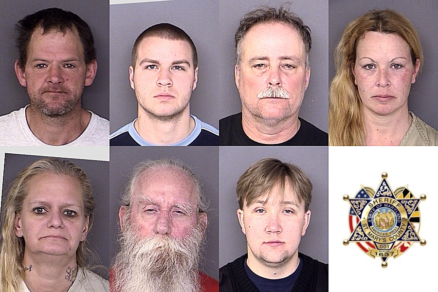 Top row, left to right: Joseph Aubrey Dement, age 42, of No Fixed Address; Joseph David Greenwell, age 18, of California; William Pfeiffer, age 56, of Mechanicsville; Shannon Johanna Dement, age 34, of Saint Inigoes. Bottom row: Tina Renee Hancock, age 47, of Leonardtown; David Wayne Trent, age 63, of California; Jarrett Lyle Davis, age 28, of Lexington Park.