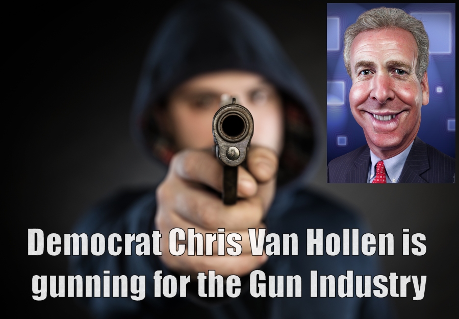 Van Hollen wants to repeal a 10-year-old law that shields the gun industry and gun sellers from lawsuits when their product is used in violent crimes. Caricature inset by DonkeyHotey via Flickr (CC BY 2.0).