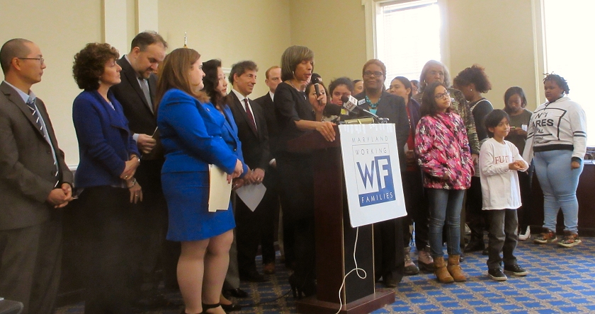 Sen. Catherine Pugh at podium for Working Families press conference will re-introduce legislation for earned sick leave. (Photo: MarylandReporter.com)