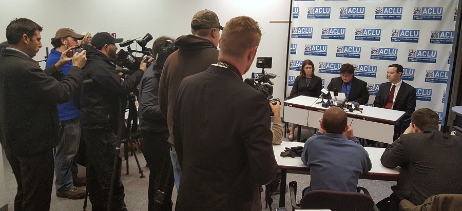 From left: Gail Deady, ACLU-VA Secular Society Women's Rights Fellow; Gavin Grimm; and ACLU National Staff Attorney Joshua Block. (Photo courtesy of the ACLU of Virginia)