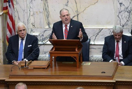 Gov. Larry Hogan gives State of the State address as Senate President Mike Miller, left, and House Speaker Michael Busch listen. (Photo: MarylandReporter.com)