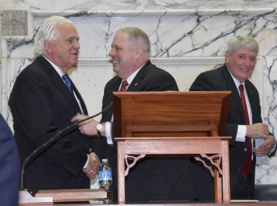 Senate President Mike Miller, Gov. Larry Hogan and House Speaker Michael Busch. (Photo by Governor's Office)