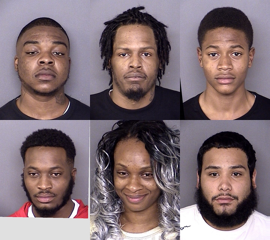 Top row, left to right: Dontevious Trevon Dorsey, age 22, of Lexington Park; James Nathaniel Watkins, age 32, of, Lexington Park; Kentwuan Lionel Wills, age 18, of Great Mills. Second row: Michael Andrew Dorsey, Jr., age 25, of Lexington Park; Michelle Angela Dorsey, age 26, of Lexington Park; and Steven Michael Ryan, age 26, of Lexington Park.