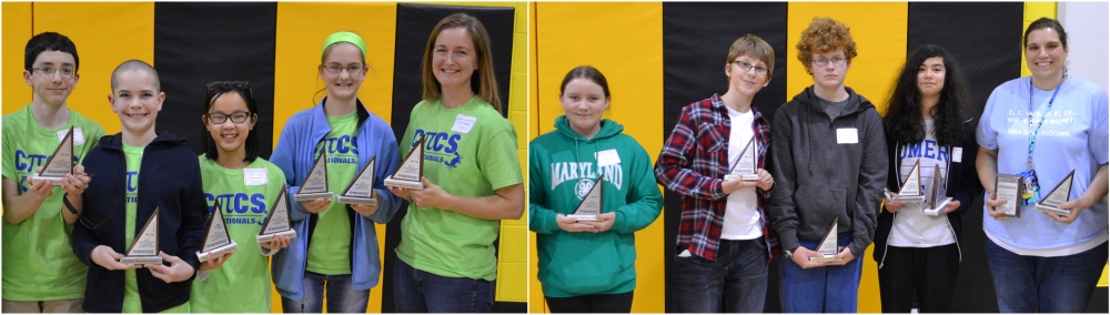 First place team (left photo):  Chesapeake Public Charter School, St. Mary's County. From left, Liam Smith, Derek Nichols, Annalee Johnson, Hannah Torgesen, and coach Ayrin Torgesen. Second place team (right photo):  Milton Somers Middle School, Charles County
From left, Erin Possehl, Jack Glassman, Brandon Luton, Emily Smith, and coach Jennifer Rowland.