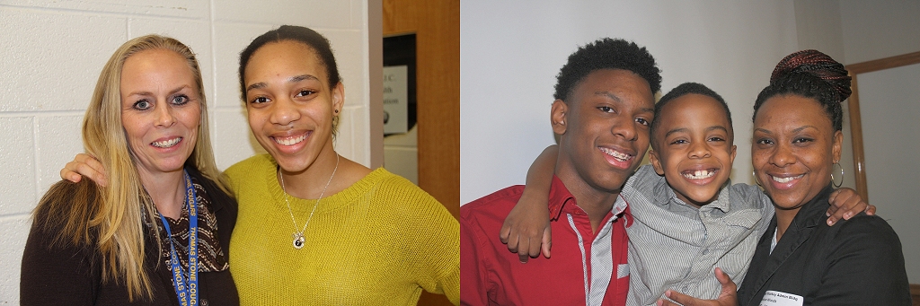 Left photo: Jenesis Andrews-Kendale, right, a sophomore at Thomas Stone High School, was able to help her grandfather when he had a stroke. She recognized the warning signs after learning about them in the health class taught by Angela Juergens-Connelly, left. Right photo: Keymar Green, left, a Thomas Stone High School sophomore, had only learned CPR a couple of weeks before he needed to use it on his little brother, Joshua-Jaydin Johnson, 6, when the boy, who has severe asthma, stopped breathing. Mom Monique Woods, right, said is grateful that CPR is a requirement in Maryland schools.