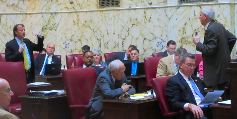Sen. Jim Brochin, left, debates with Sen. Paul Pinsky, right, on schools superintendent bill.