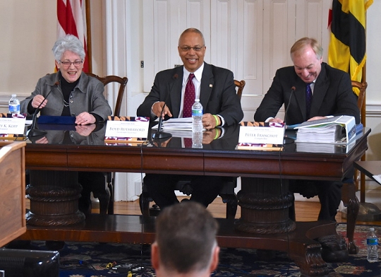 Lt. Gov. Boyd Rutherford, center, chairs Wednesday's meeting of the Board of Public Works with Treasurer Nancy Kopp and Comptroller Peter Franchot.